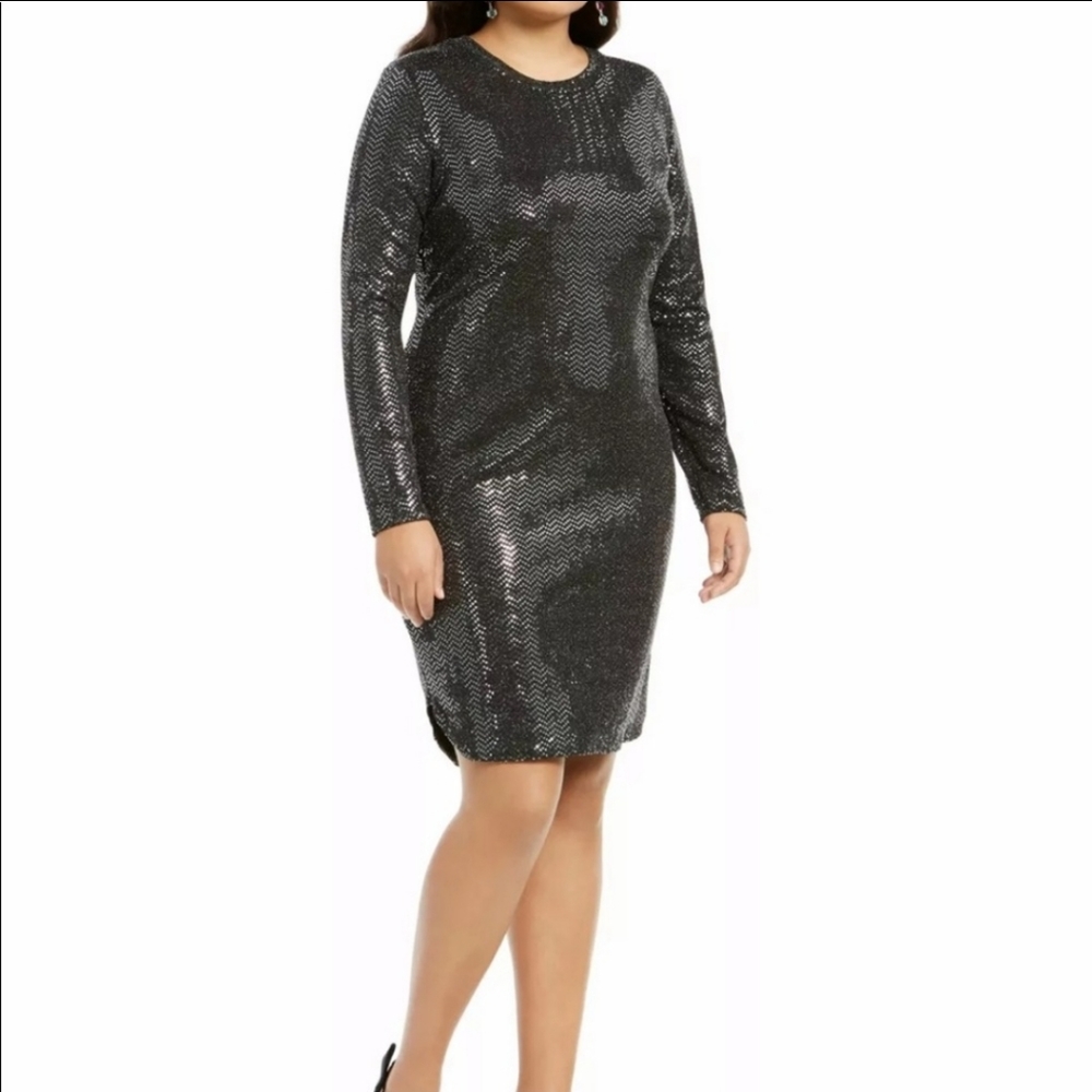 B Darlin Plus Size Sequin Dress in Black Gunmetal - Picture 2 of 9